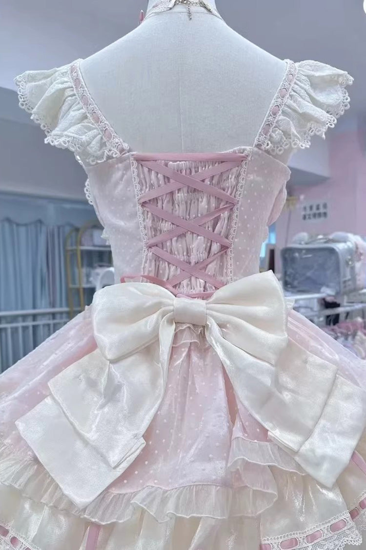 Pink Double-Layered Ruffled Bow Lace-Up Sweet Ballet JSK - Flory Butterfly