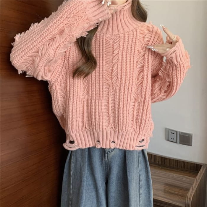 Distressed Turtleneck Cropped Sweater in 5 Colors - Pink