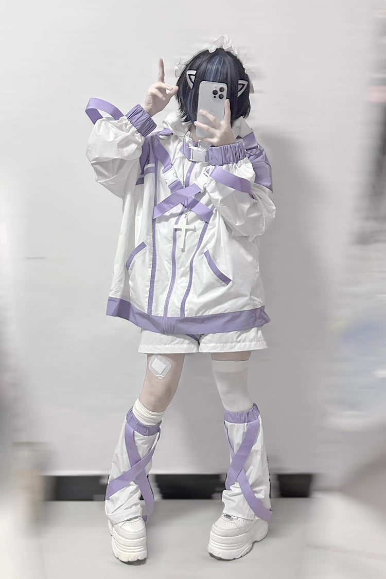 Ivory and Purple Cyberpunk Functional Print Hooded Jirai Kei Sport Jacket