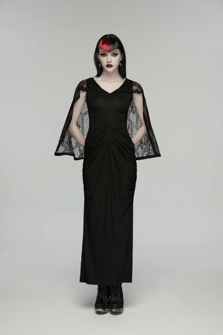 V Collar Short Puff Sleeves Cut-Out Lace Pleated Gothic Wedding Dress