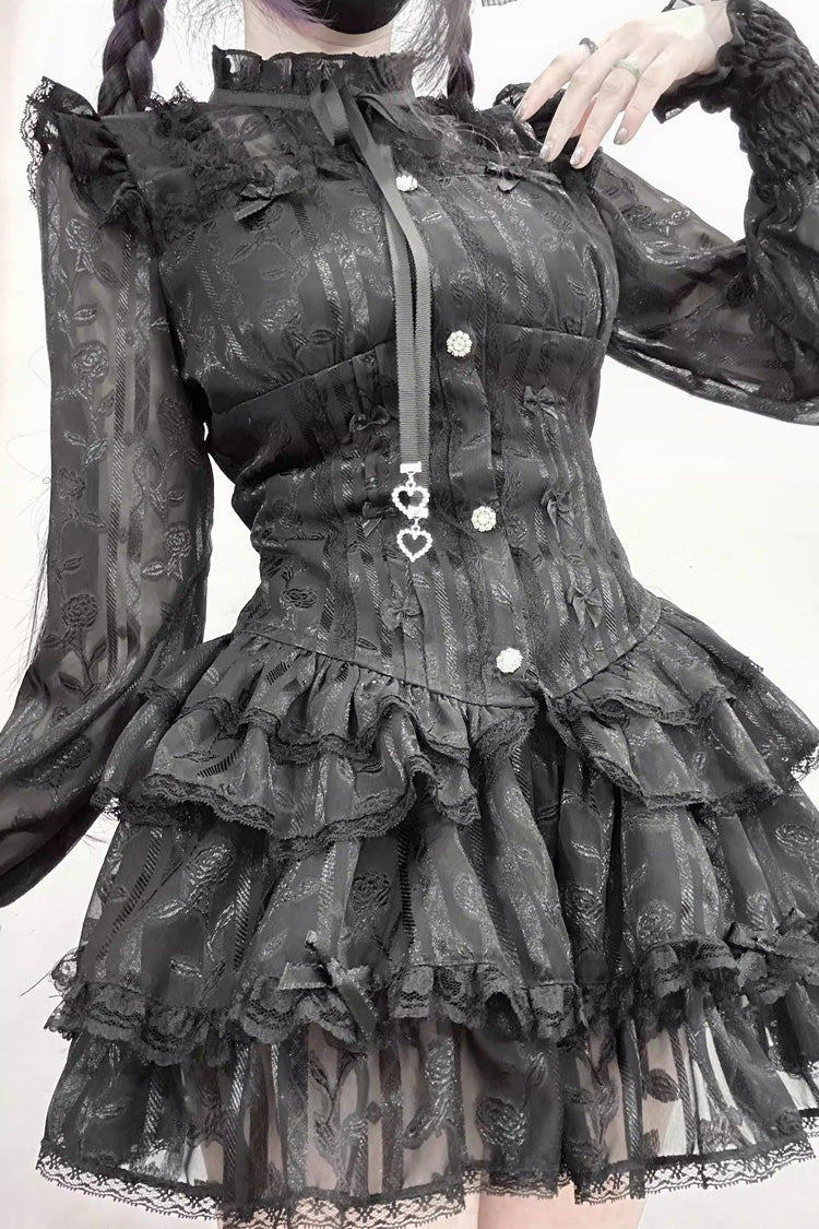 Rose Bible Gothic Jirai Kei Blouse and Shorts with Jacquard Ruffles
