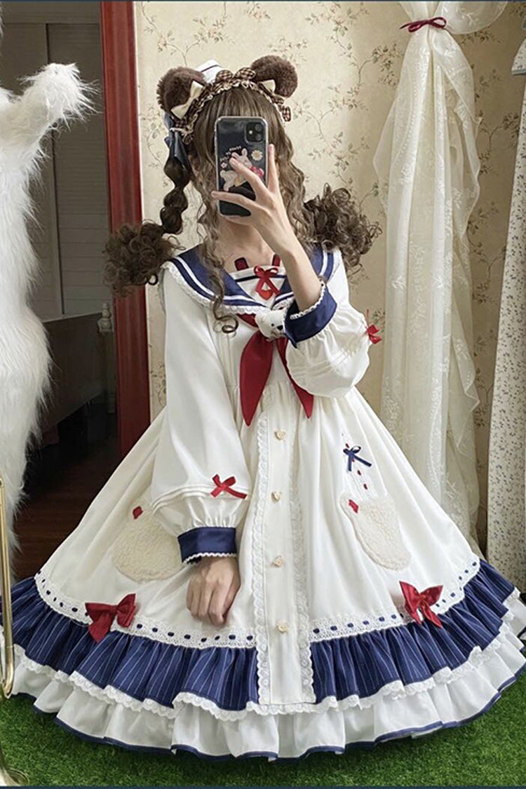 White Sweet Lolita OP Dress with Navy Collar and Bear Print Ruffles - Altfashion Shop