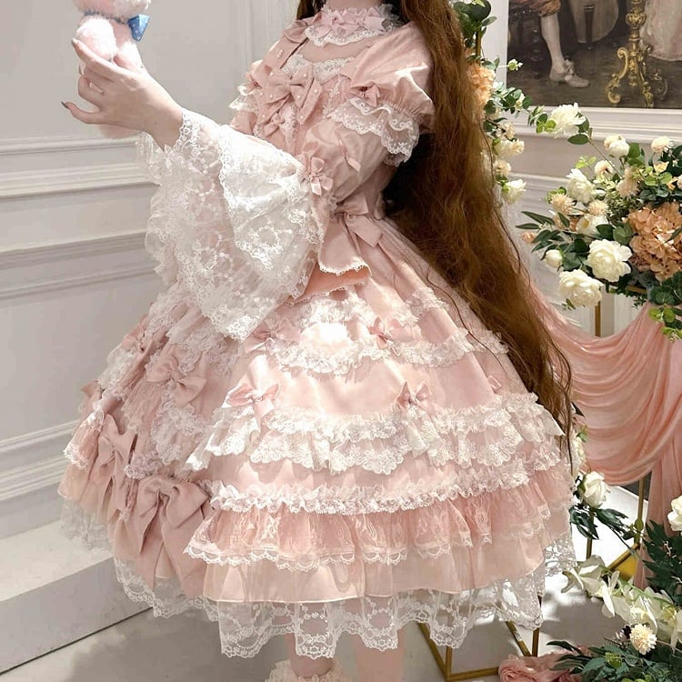 Lolita High Bow Pink Dress Sweet with Waist Accents Detachable Sleeves Princess