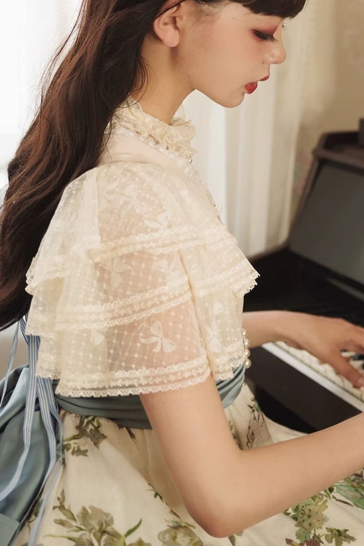 Hollow Lace Sweet Blouse with Removable Pads & Short Sleeves