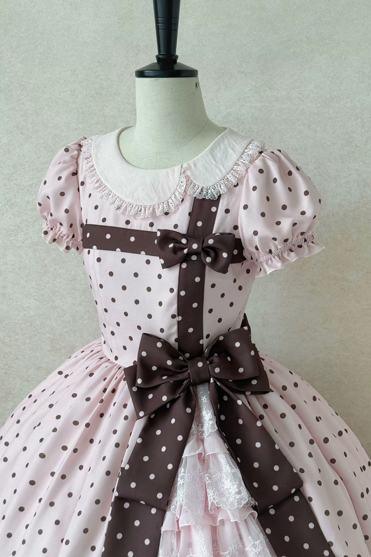 Canelé Gift Box Round Collar Short Sleeves Double-Layered Printed Polka Dot Ruffled Open-Front Bow Asymmetric Sweet Lolita Dress V2 - Pink