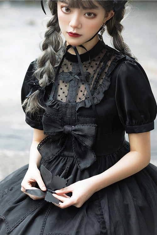 Gothic Lolita OP Dress with Bowknot & High Waist Round Collar