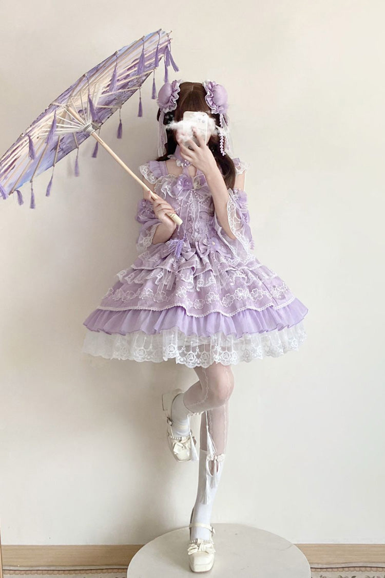 Violet Peach Rain Sleeveless Tiered Bow Lace Chinese Lolita JSK