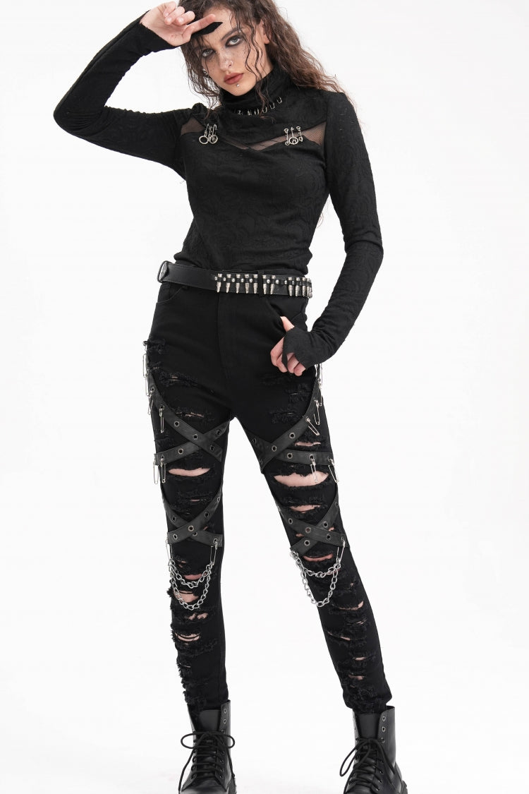 Punk Pants for Women with Ripped Mesh and Chain Detail