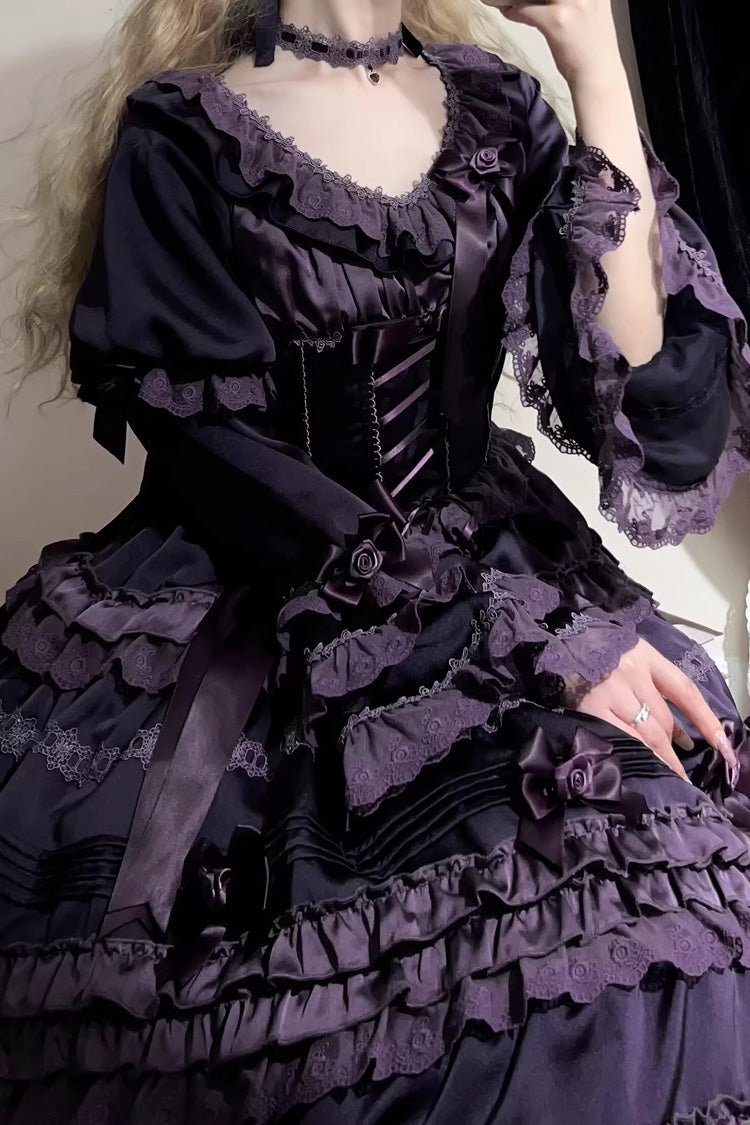 Violet Layered Blackcurrant Short Sleeve Ruffled Bow Lace Lolita Dress