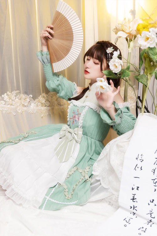 Emerald Off-Shoulder Hand-Embroidered Sweet Lolita Dress with Long Sleeves