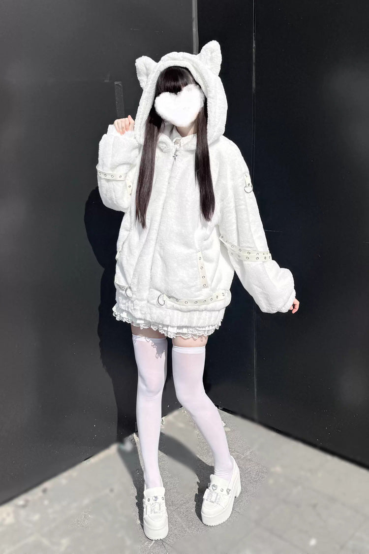 Hooded Jirai Kei Coat with Cat Ears and Zipper - Night Hunter, 2 Colors