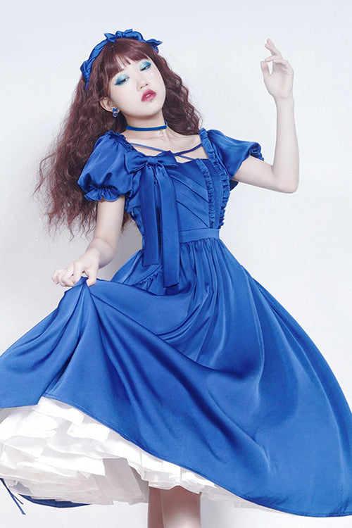 Azure Ruffled Puff-Sleeve Square-Neck High-Waist Classic OP Gown