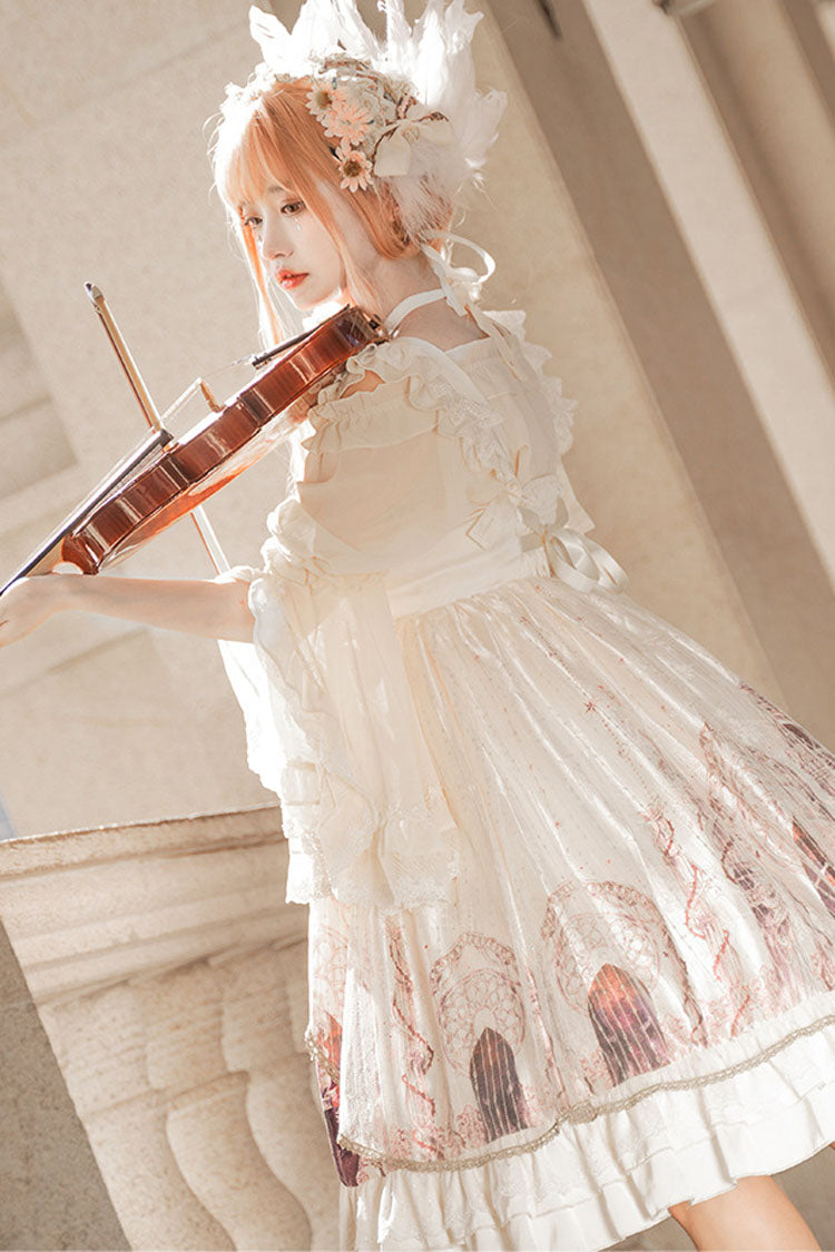 Ivory Gothic Lolita JSK Dress with Angel Wings Print and Mesh Ruffles - Altfashion Shop