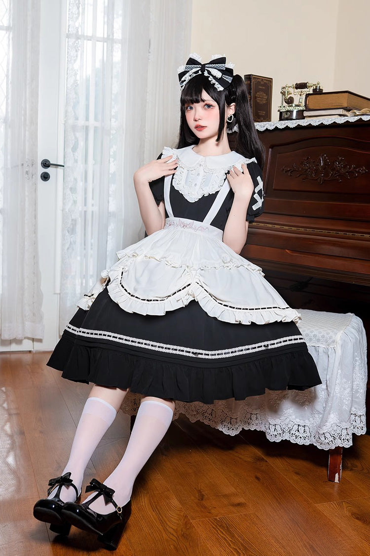 Black Lapel Collar Short Sleeves Ruffle Bowknot Gothic Lolita Maid Dress