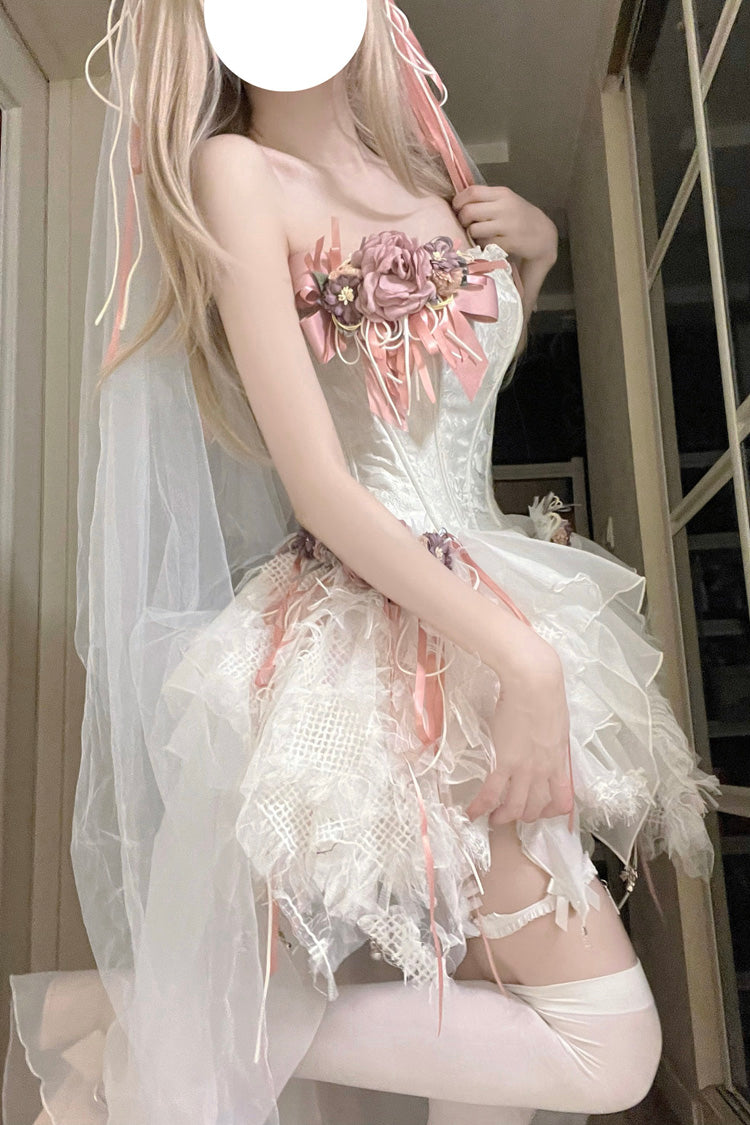White Sleepless Poem Fishbone Asymmetric Sweet Lolita JSK Dress - Bowknot