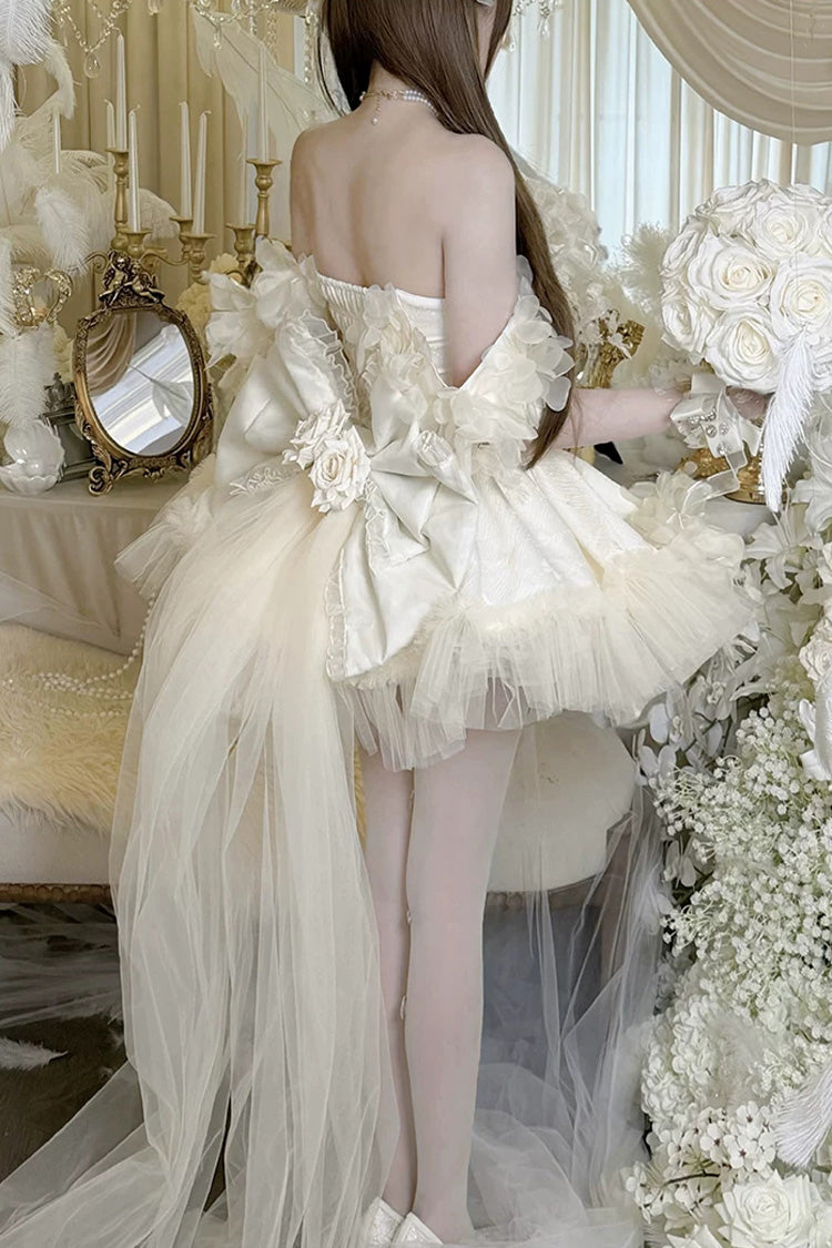 Apricot Sweet Lolita JSK Short Dress with Multi-Layer Ruffled Hanayome Bow Lace-Up and Sleeveless Design