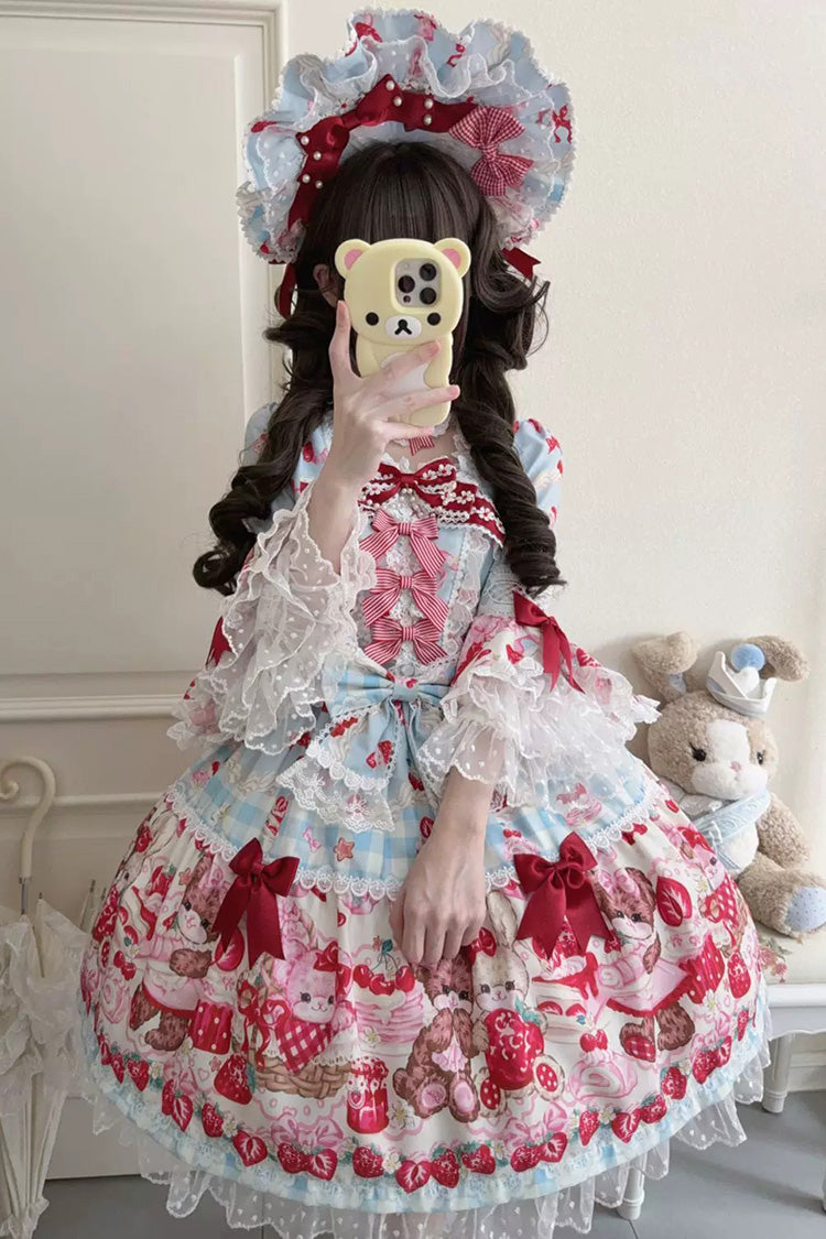 Blue/Red Sweet Lolita OP Dress Half Sleeves Bow Lace Lace-Up - Sweet Berry Bunny Bear