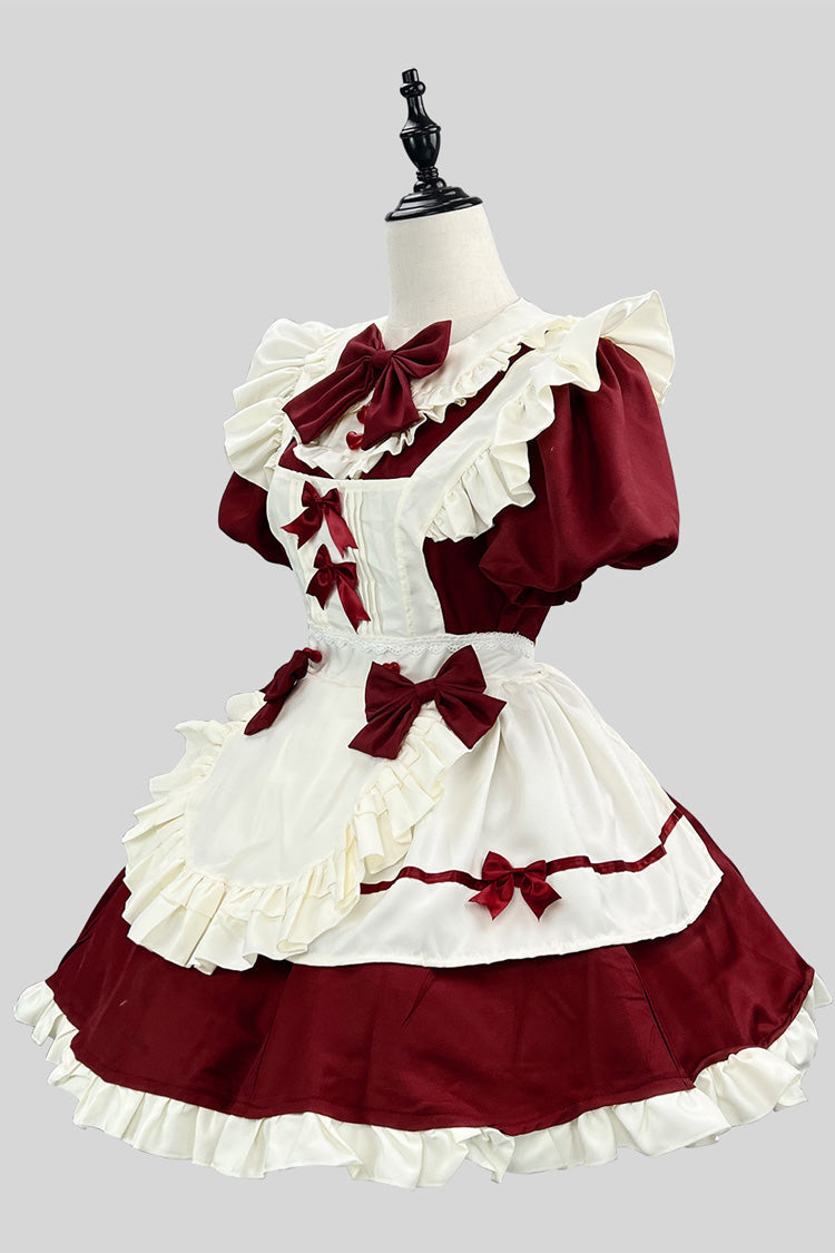 Wine/White Short Sleeve Ruffled Bow Lace Plus Size Maid Dress