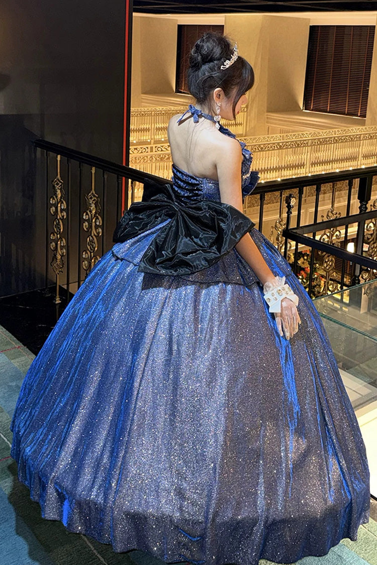 Sweet Lolita Skirt Set with Ruffled Cut-Out Bow and Glitter - Blue