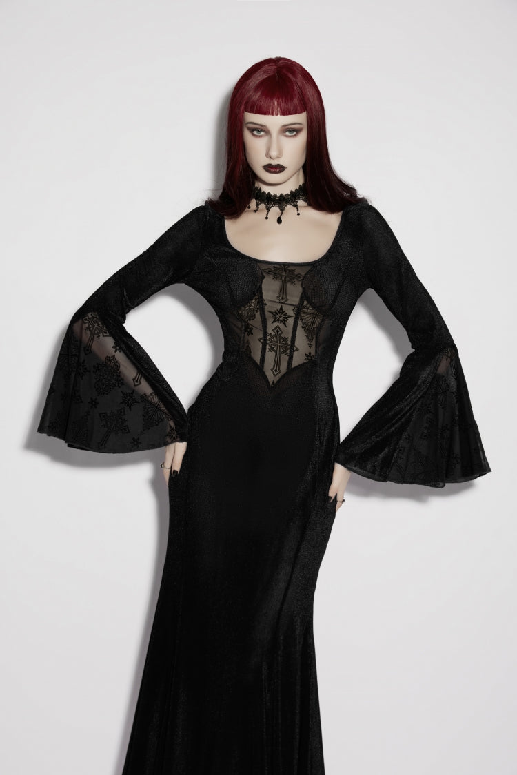 Black Round Collar Long Trumpet Sleeve Spliced Lace Lace-Up Mesh Eyelet Gothic Dress