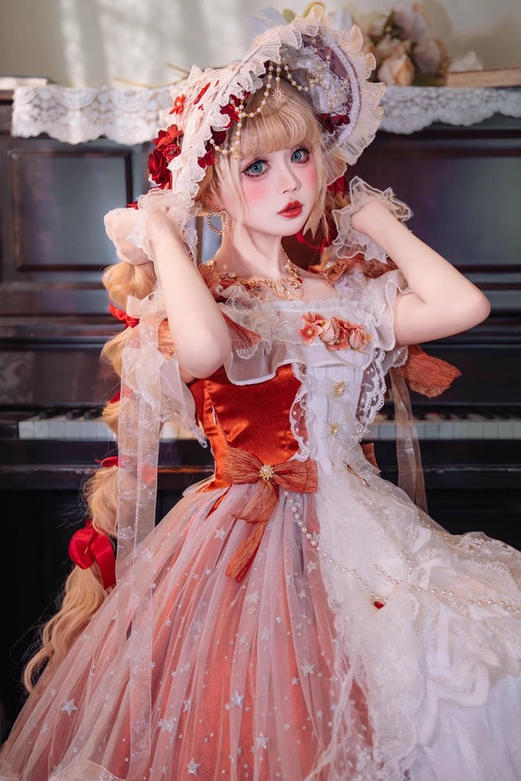 Glazed Phantom Off Shoulder Ruffle Hanayome Bow Lace Elegant Lolita Dress in Red