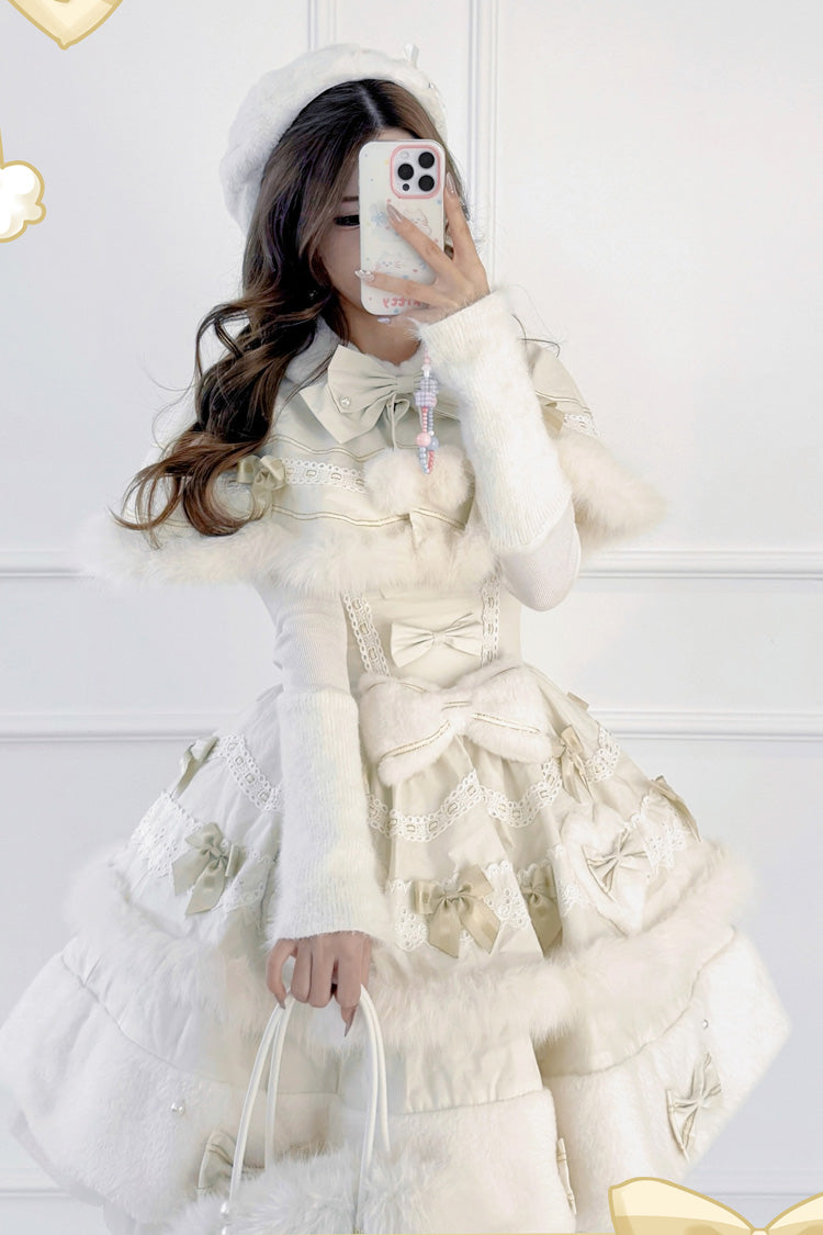 Apricot Princess Tiered Lolita Dress with Double-Layer Bowknot Lace and Cape Detail