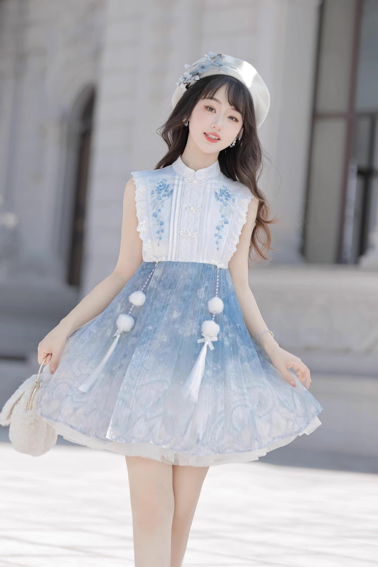 White Blue Printed Chinese Style JSK Set - Sweet Lolita Dress