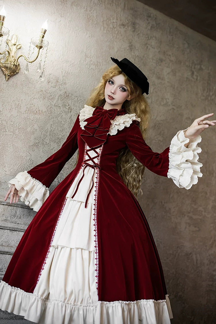 Gothic Lolita Dress with Ruffled Open-Front Bow and Lace-Up - Red