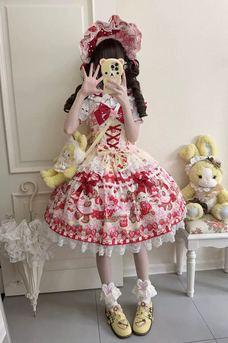 Red/Yellow Sweet Lolita JSK Dress Printed Bow Lace Lace-Up - Sweet Berry Bunny Bear