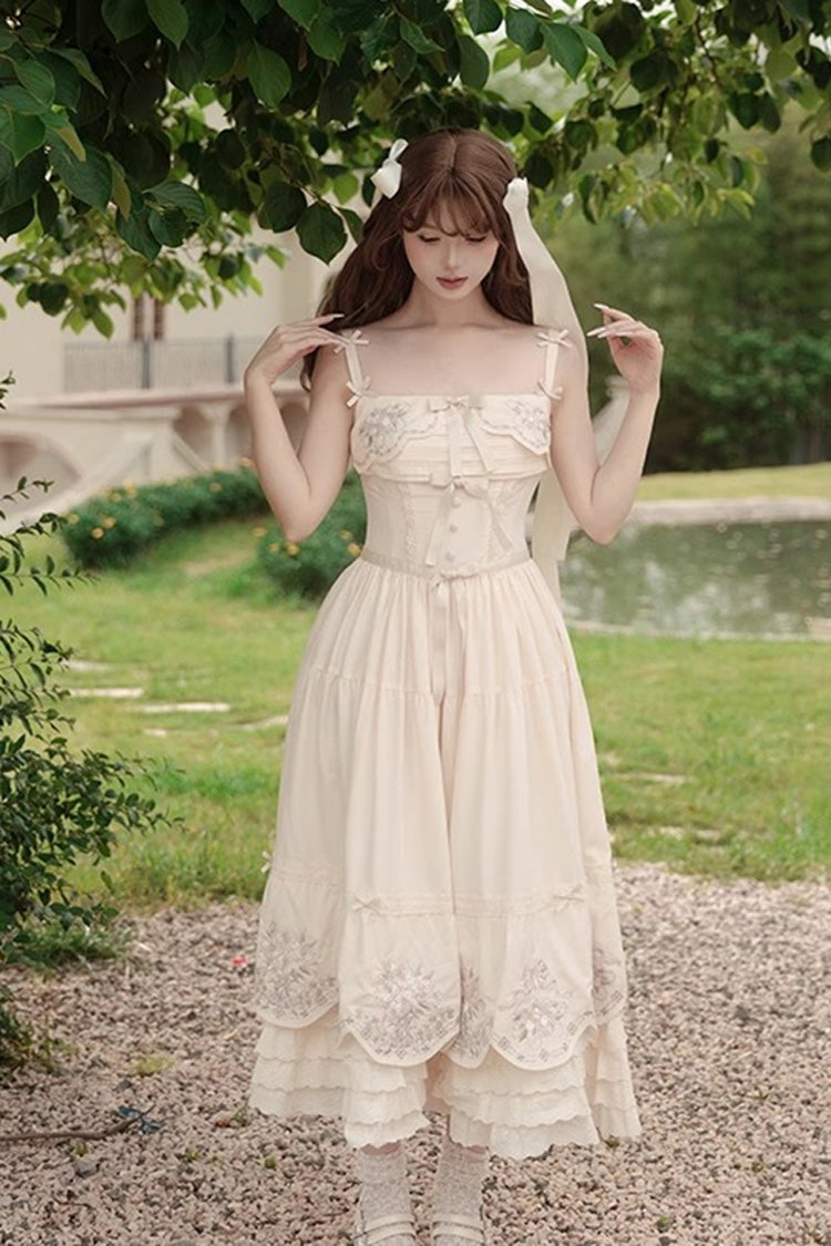 Apricot Princess Lolita JSK Dress with Triple-Layer Ruffles Embroidery Bowknot and Lace
