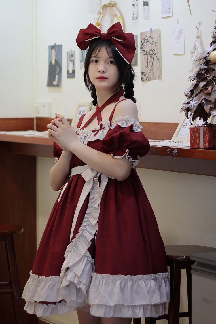 Sleeveless High Waist Ruffle Bow Asymmetric Gothic Lolita Jumper Dress - Red