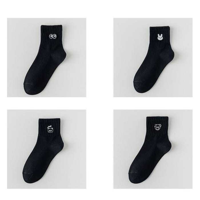 Embroidered Socks Set - of 4 Pairs - Eye & Rabbit Cat Bear