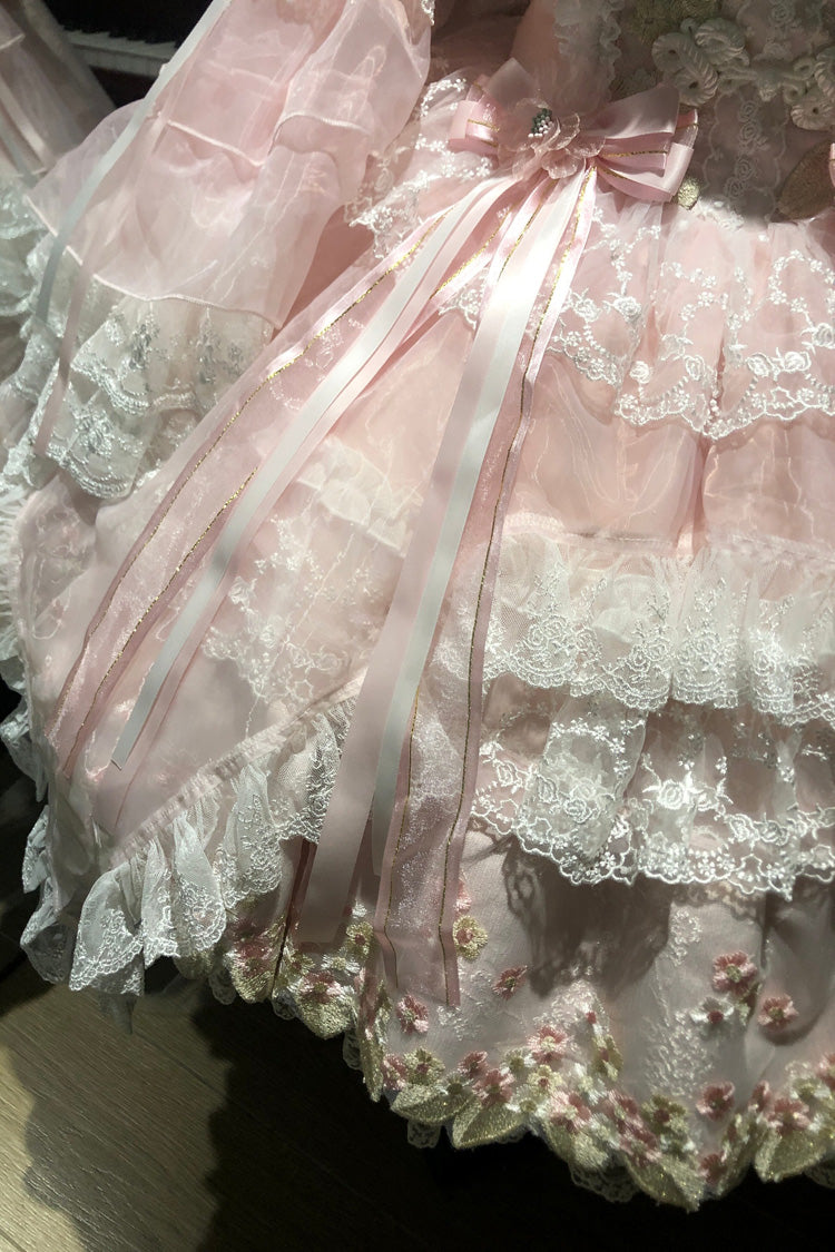 Spring Entwined with Cherry Clouds Short Sleeves Embroidered Bow Lace Sweet Chinese Style Lolita Dress - Pink
