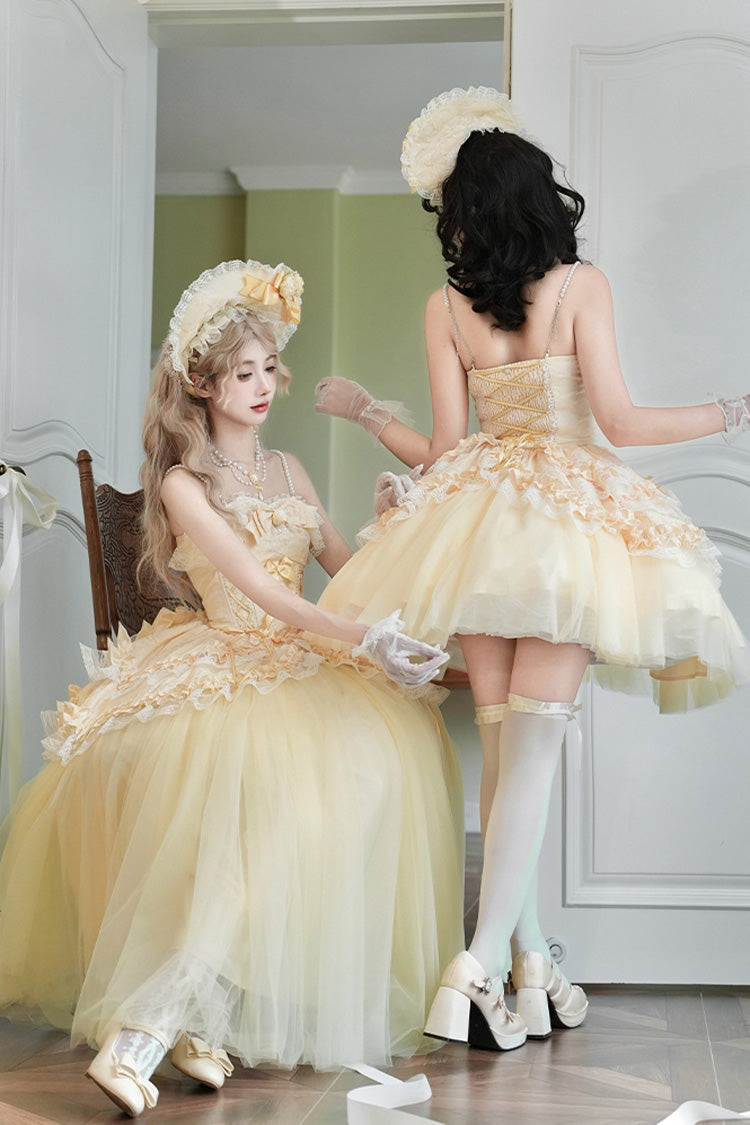 Yellow Off Shoulder Sweet Skirt with Lace and Bow - Sissi's Pilgrimage