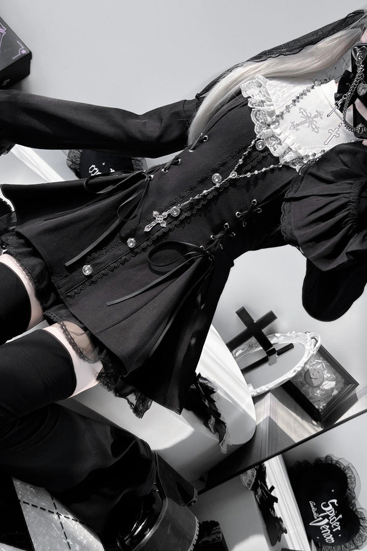 Black Long Trumpet Sleeves Ruffle Gothic Jirai Kei Dress Set - 2 Colors