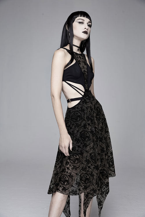 Semilucent Queen Cross Flocked Mesh Sleeveless Gothic Dress