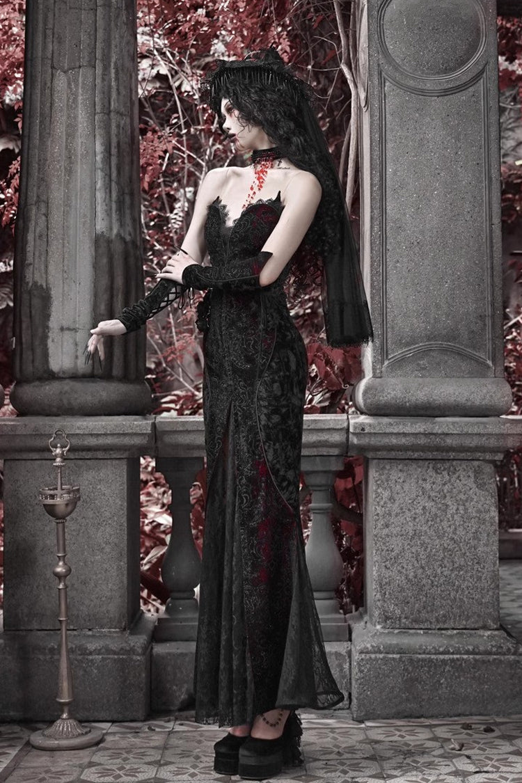 Black/Red High-Waisted Embroidered Lace Sleeveless Ruffle Gothic Fishtail Dress - Scarlet Blood Peak