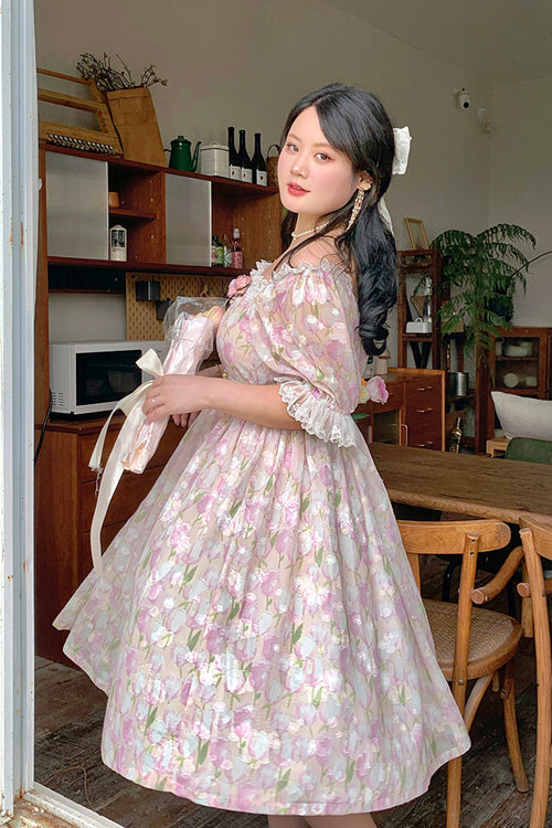 Boat Neck Ruffled Short Sleeves Plus-Size Floral Print High-Waist Girly Lolita OP Gown