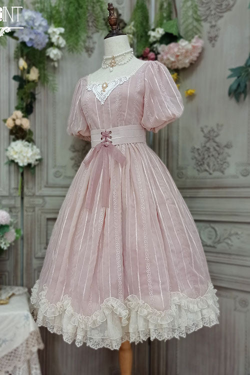 Pink Square-Collar Short-Sleeve Ruffled Vintage Lolita OP Dress