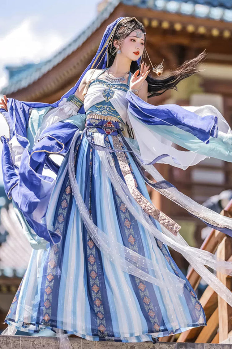 Dunhuang Hanfu Set with Exotic Print, High Waist, Irregular Hem