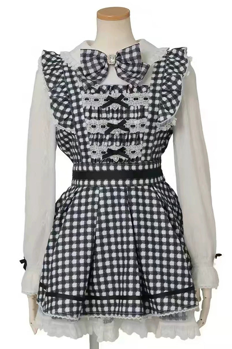 Lapel Collar Plaid Print Bow Plus Size Jirai Dress and Shorts Set in Three Colors