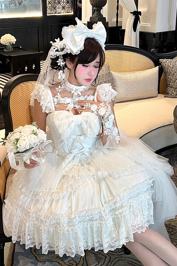 Ivory Halter Ruffle Bridal Bow Lace Gothic Dress