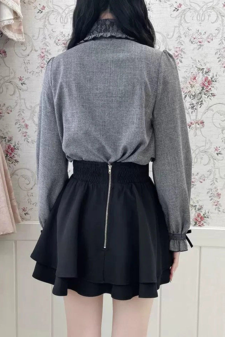 Grey Lapel Collar Long Sleeves Bowknot Sweet Japanese Jirai Kei Blouse Coat
