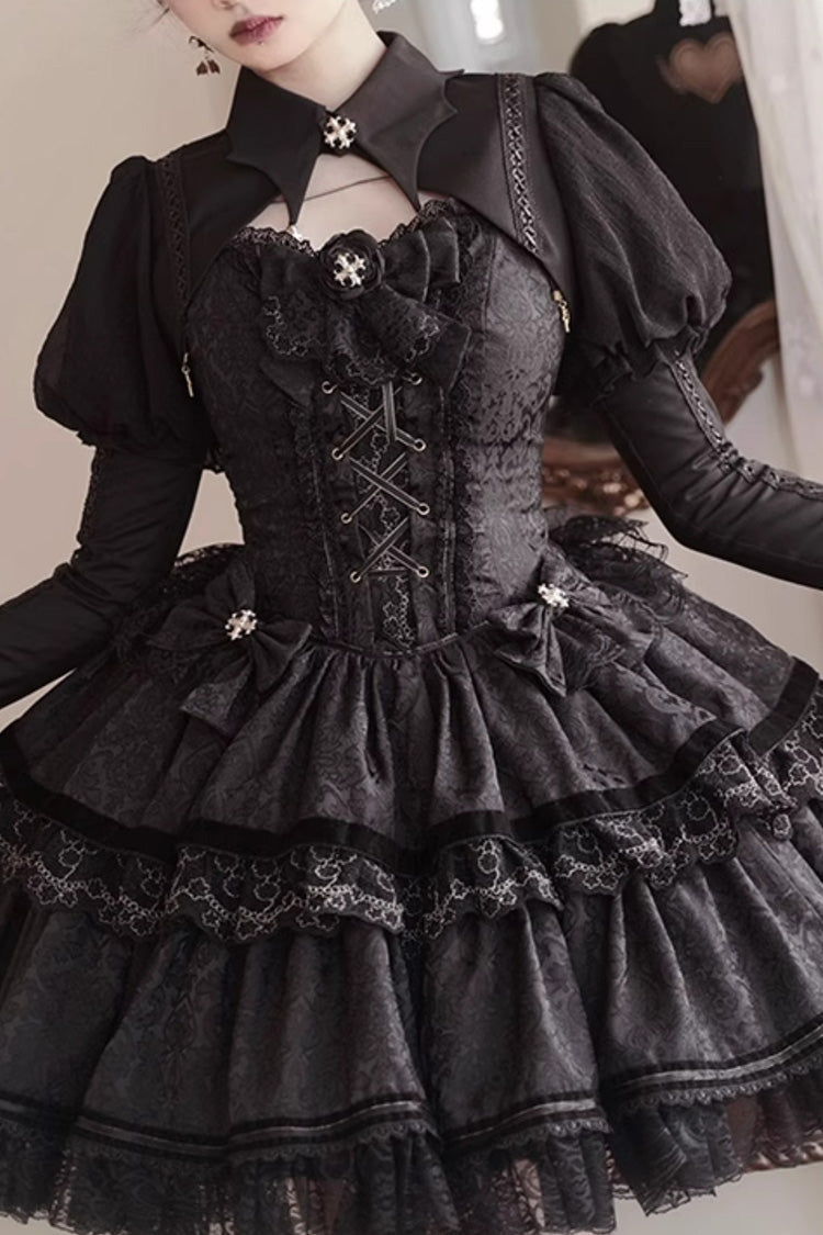 Gothic Ballet Lolita JSK Dress with Double-Layered Ruffles & Lace