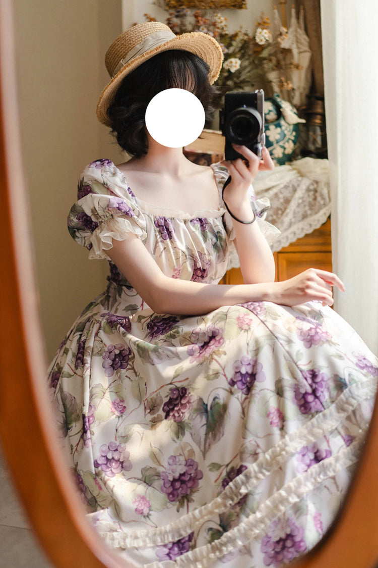 Short Sleeves Grape Printed Dress - Basket of the Forest