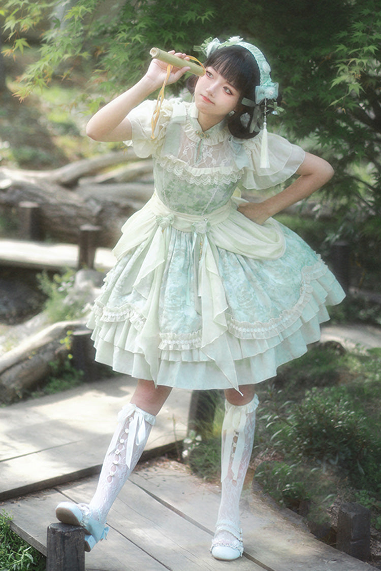 Jade Chiffon Double-Ruffle Bowknot Lace Chinese-Style Lolita Dress