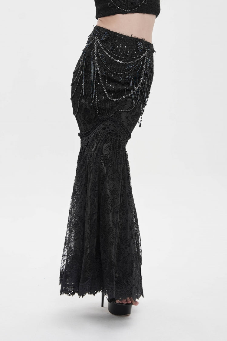 Gothic Skirt for Women with Pearl Embellishments & Embroidered Lace, Slim Fit
