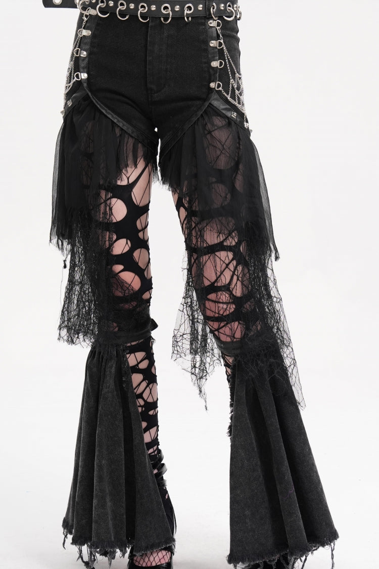 Gothic Shorts with Ripped Mesh Hem and Chain for Women