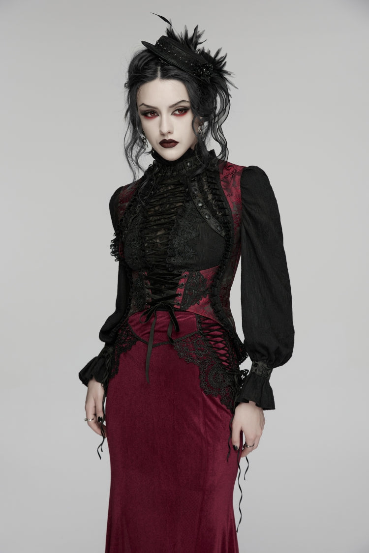 Crimson & Noir Embroidered Lace Lace-Up Fitted Corset Vest for Women