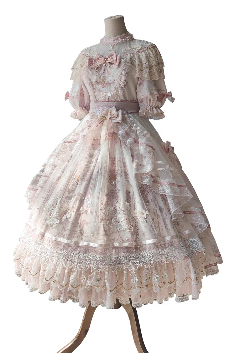 Ivory and Pink Sunset Realm Short Sleeve Printed Ruffled Hanayome Bow Lace Gorgeous Sweet Lolita Dress Set